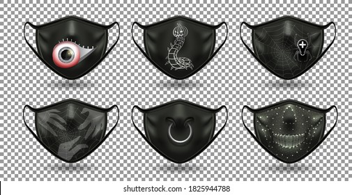 A set of protective comic  Halloween face mask  template. For the coronavirus party. Reusable alternative to disposable mask. 3D realistic. Isolated on transparent background. Vector.