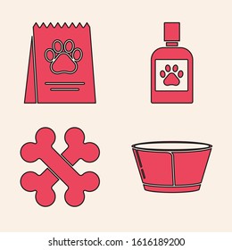 Set Protective cone collar, Bag of food for dog, Dog medicine bottle and Crossed bones icon. Vector