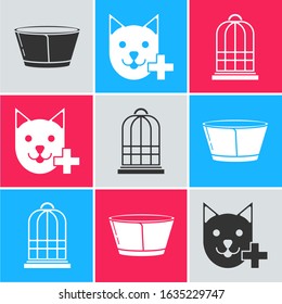 Set Protective cone collar, Veterinary clinic symbol and Cage for birds icon. Vector