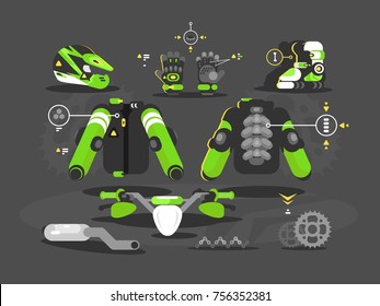 Set of protective equipment and accessories for moto cross. Vector illustration