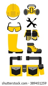 Set of protective equipment icons. Conceptual image of  tools for repair, construction and builder. Concept image of work wear. Cartoon flat vector illustration. Objects isolated on a background. 