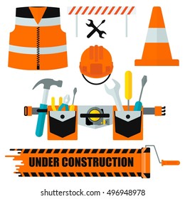 Set of protective equipment icons. Conceptual image of tools for repair, construction and builder. Concept image of work wear. Cartoon flat vector illustration. Objects isolated on a background.