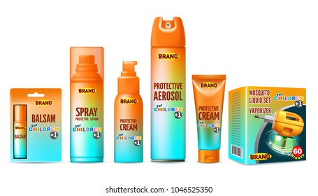Set of protective facilities from insects for children. Containers and tubes for cream, lotion, gel, balsam, spray, aerosol. 3D realistic isolated vector illustration.