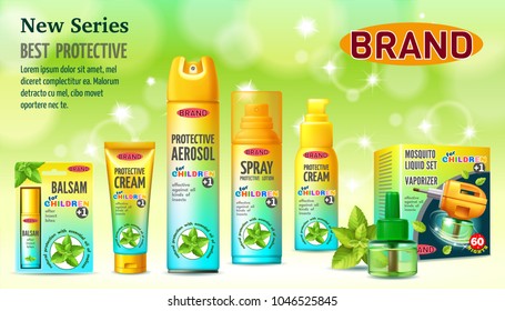 Set of protective facilities from insects for children. Containers and tubes for cream, lotion, gel, balsam, spray, aerosol. 3D realistic isolated vector illustration.