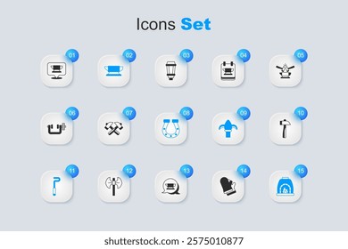 Set Protective gloves, Crossed hammer, Blacksmith anvil tool, Fire poker, oven, Hammer,  and Horseshoe icon. Vector