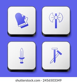 Set Protective gloves, Medieval poleaxe, sword and Metallic nails icon. White square button. Vector