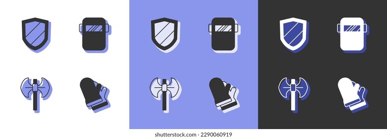 Set Protective gloves, Shield, Medieval poleaxe and Welding mask icon. Vector