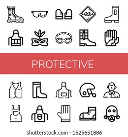 Set of protective icons. Such as Boot, Apron, Protective, Eye mask, Gloves, Goggles, Condom, Boots, Vest, Helmet, Snow boots, Defendant, Gas mask , protective icons