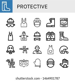 Set of protective icons such as Boots, Helmet, Apron, Gloves, Boot, Gas mask, Paintball gun, Defendant, Paintball, Eye mask, Oven mitt, Hockey helmet , protective