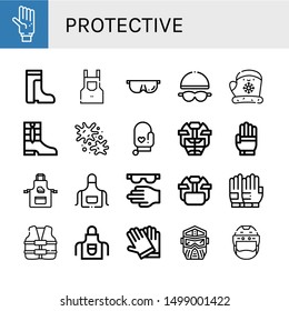 Set of protective icons such as Glove, Boots, Apron, Protective, Goggles, Gloves, Paintball, Oven mitt, Hockey helmet, Life vest, Helmet , protective