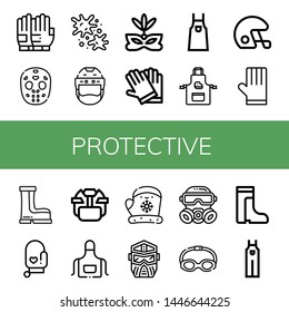 Set of protective icons such as Gloves, Hockey mask, Paintball, Helmet, Eye mask, Apron, Boots, Oven mitt, Hockey helmet, Gas mask, Goggles, Overall , protective
