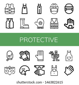 Set of protective icons such as Life vest, Vest, Apron, Boots, Overall, Hand glove, Helmet, Hockey helmet, Gloves, Oven mitt, Eye mask, Protective, Paintball, Rubber gloves , protective