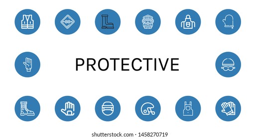 Set of protective icons such as Vest, Condom, Boots, Helmet, Apron, Oven mitt, Boot, Gloves, Hockey helmet, Glove, Goggles , protective