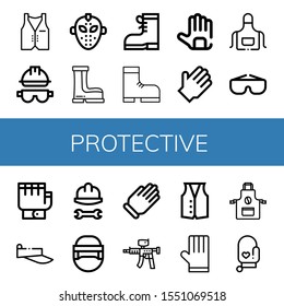 Set of protective icons. Such as Vest, Helmet, Hockey mask, Boots, Boot, Gloves, Rubber gloves, Apron, Goggles, Visor, Hockey helmet, Glove, Paintball gun, Oven mitt , protective icons