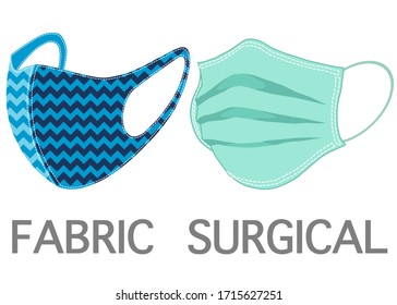A set of protective mask, one is fabric and one is surgical isolated on white background. If you are well the fabric mask is fine enough to protect you from viruses or dust and allergy.