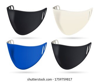  Set of protective masks, black, white and blue. For brand advertising. Layout for the logo. reusable alternative to disposable mask 3D realistic illustration. Isolated white background. Vector