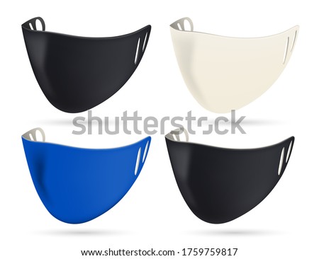  Set of protective masks, black, white and blue. For brand advertising. Layout for the logo. reusable alternative to disposable mask 3D realistic illustration. Isolated white background. Vector