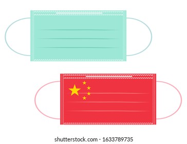 A set protective masks, one is regular  one is China flag pattern isolated on white background. Concept about health, hygiene, hospitality.