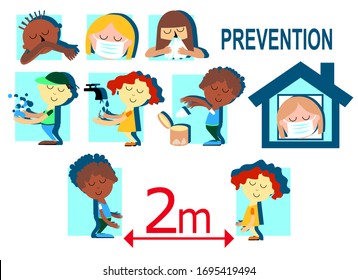 Set of protective measures. Wash your hands, cough in your elbows or napkins, wear a mask. Allowed distance between people is two meter. Prevention against diseases. Stay  home. Watch out.Vector image