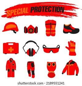 Set of protective overalls on a white background, rescue equipment. Protection and safety in the workplace.