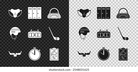 Set Schützende Sport-Jockstrap, Umkleideraum, Sport-Tasche, Eishockey-Stöcke und Puck, Stoppuhr, Planungsstrategie, Hockey-Helm und mechanische Anzeigetafel-Symbol. Vektorgrafik