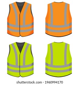 A set of protective vests in orange and yellow.Vests front and back view isolated on white background.Flat vector illustration.