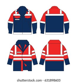 Set of protective wear on white background. Safety equipment. Protective workwear.   Protective safety jackets with reflective stripes. 