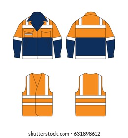 Set of protective wear on white background. Safety equipment. Protective workwear.   Protective safety jacket with reflective stripes. High visibility vest.