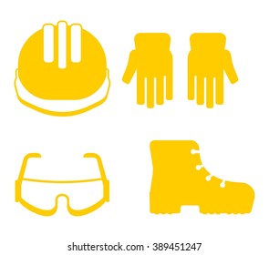 Set of protective work wear icons. Conceptual image of work wear for builder. Cartoon flat vector illustration. Objects isolated on a background. 