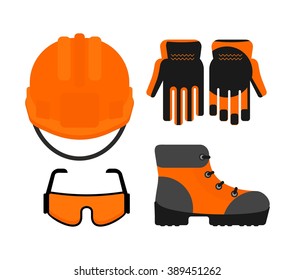 Set of protective work wear icons. Conceptual image of  tools for repair, construction and builder. Cartoon flat vector illustration. Objects isolated on a background. 