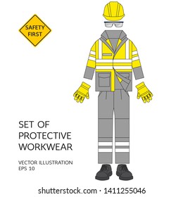 Set Of Protective Workwear. Safety Equipment. Protective Safety Helmet, Glasses, Gloves, Jacket, Pants With Reflective Stripes And Shoes. 