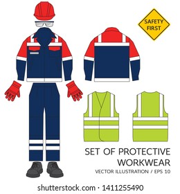 Set Of Protective Workwear. Safety Equipment. Protective Safety Helmet, Glasses, Gloves, Jacket, Pants With Reflective Stripes And Shoes. High Visibility Vest.