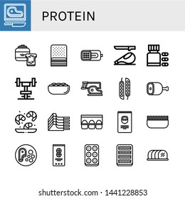 Set of protein icons such as Steak, Peanut butter, Bacon, Ham, Vitamins, Gym, Pistachio, Peas, Shrimp, Mutton, Egg carton, Nuts, Minced meat, Peanut, Meatball, Tenderloin , protein