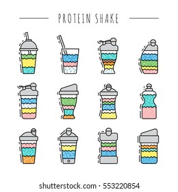Set of protein shakes and fitness sports nutrition for weight loss and muscle mass. Drawn in a flat style and outline. Set of shakers for sports nutrition. The composition, the recipe protein shake