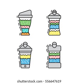 Set of protein shakes and fitness sports nutrition for weight loss and muscle mass. Drawn in a flat style and outline. Set of shakers for sports nutrition. The composition, the recipe protein shake