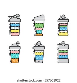 Set of protein shakes and fitness sports nutrition for weight loss and muscle mass. Drawn in a flat style and outline. Set of shakers for sports nutrition. The composition, the recipe protein shake