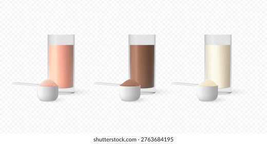 Set of protein shakes. Vanilla, fruit and chocolate flavor. Drink in glasses and protein powder in measuring spoons. Realistic 3D diet supplement, sport nutrition. Vector milkshake cocktail isolated