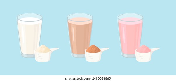 Juego de batidos de proteínas. Vainilla, fresa y chocolate. Beber en vasos y proteína en polvo en cucharas graduadas. Ilustración plana de dibujos animados de Vector.