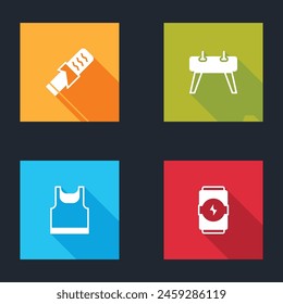 Set Protein sport bar, Pommel horse, Sleeveless t-shirt and Energy drink icon. Vector