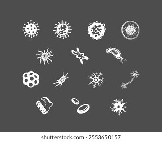 set of protein structure, cells, Stem Cells, nerve cell, dendritic cell, erythrocyte, virus cell and  microbe icon.