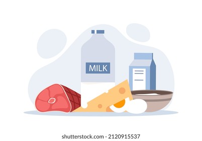 Set of proteins. Meat, milk and cheese. Food for mass gain, workouts and healthy diet. Slimming and healthy lifestyle. Icons for grocery store or supermarket. Cartoon flat vector illustration