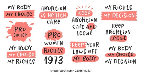 Set for protest after the ban on abortions, Roe v Wade. Protest by feminists. Abortion clinic lettering to support women empowerment, abortion rights. Pregnancy awareness.