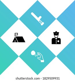 Set Protest camp, Hooligan shooting stones, Police rubber baton and officer icon. Vector.