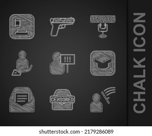 Set Protest, Censored stamp, Police beat human, Graduation cap, Mail and e-mail, Life insurance in hand,  and Judge gavel icon. Vector