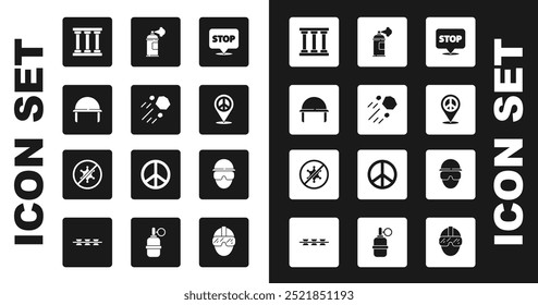 Protesta, Piedra voladora, Casco militar, Ventana de la cárcel, Paz de la Locación, Lata de spray de pintura, Soldado de las fuerzas especiales e ícono. Vector