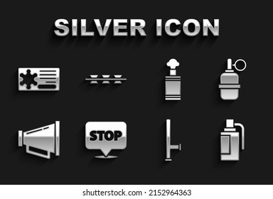 Set Protest, Hand grenade, Police rubber baton, Megaphone, badge and Barbed wire icon. Vector