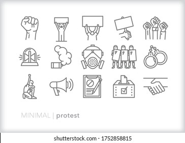 Set Of Protest Line Icons Of People With Signs, Raises Fists, Police, Riot Gear, Megaphone