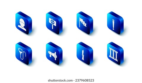 Set Protest, Location marker, Police rubber baton, Prison window, Military knife, Megaphone, Walkie talkie and Vandal icon. Vector
