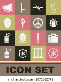 Set Protest, Police assault shield, Hand grenade, Barbed wire, Torch flame, Special forces soldier, Megaphone and Peace icon. Vector
