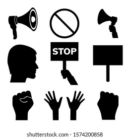 Set of protest, riot : megaphone, hands, poster, banner, man, crossed out circle, banning sign, stop, fist, isolated on white background. vector stock illustration.